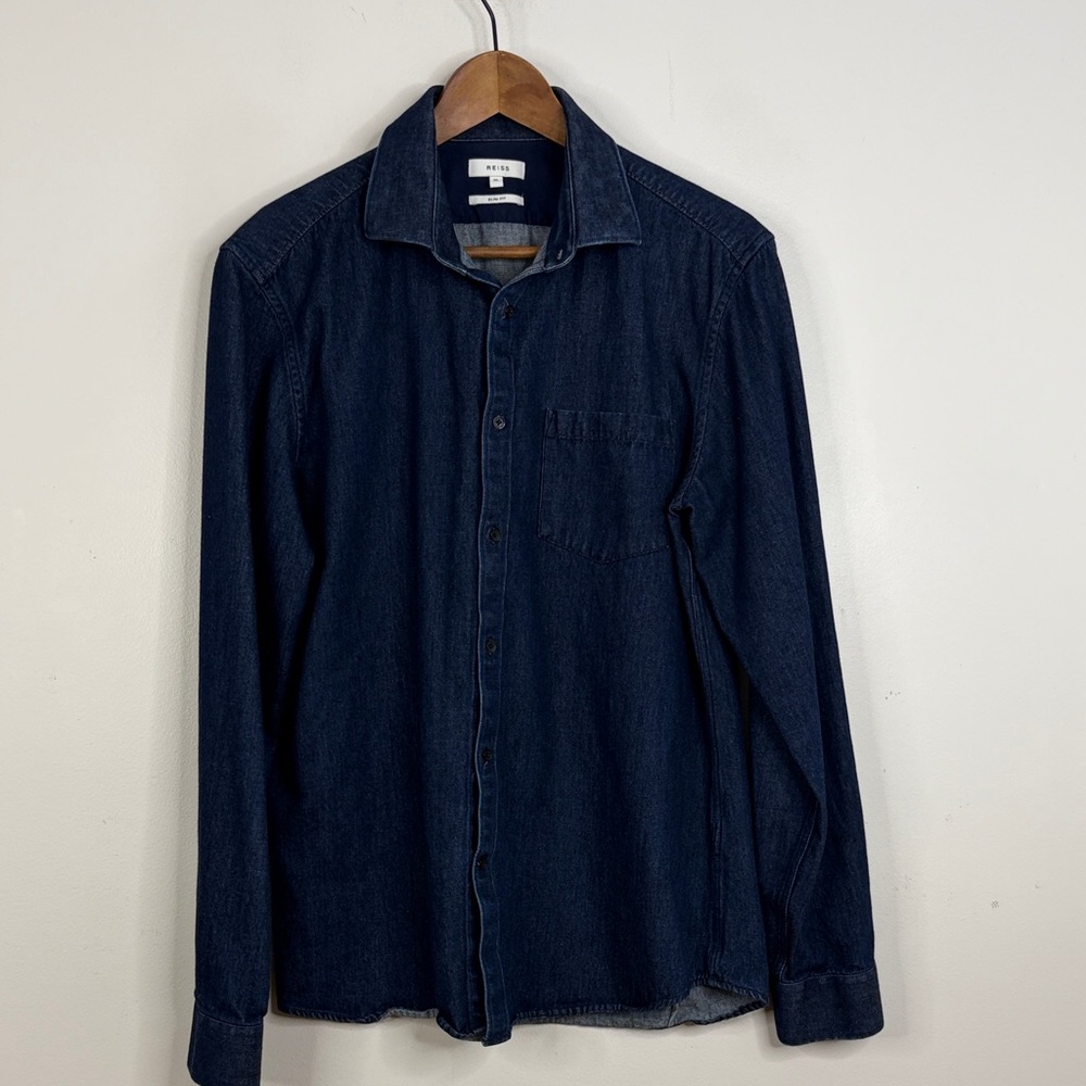 Reiss Shirt Mens XL Slim Fit Dark Blue Cotton Denim Jean Long Sleeve Collared